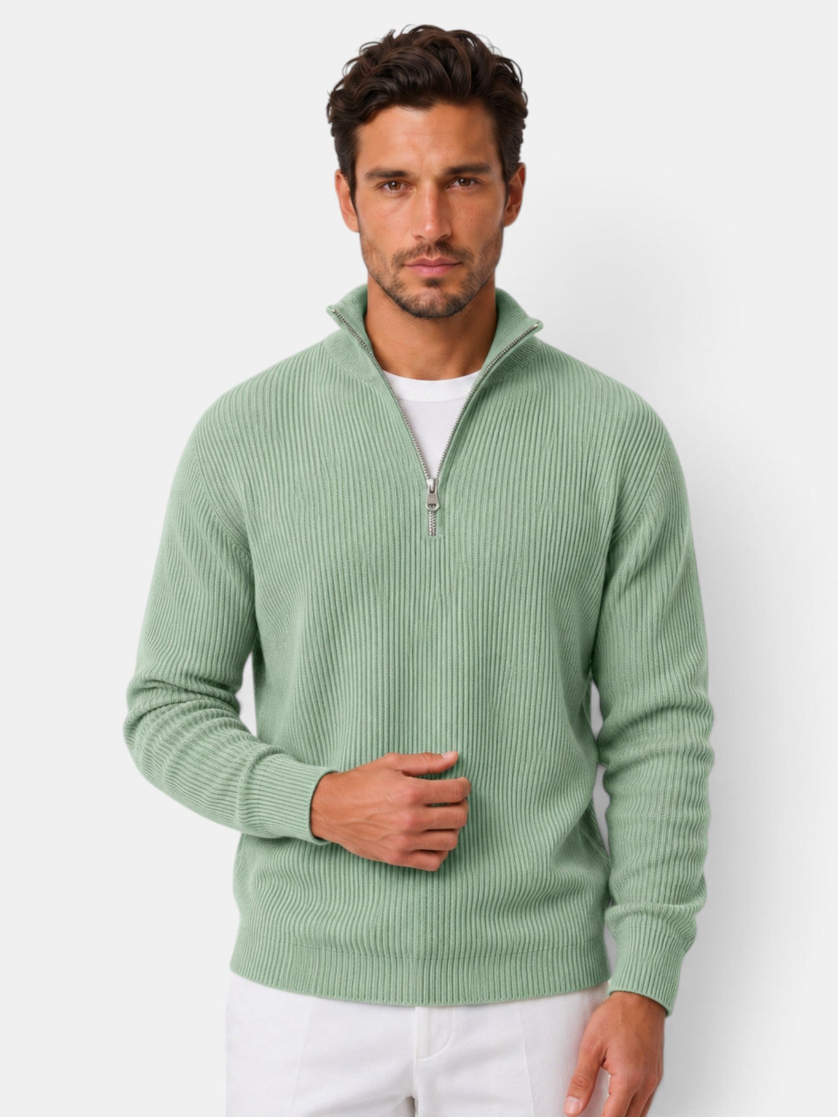 Désiré | Pull Homme Côtelé à Col Zippé Coupe Décontractée - Vert sauge