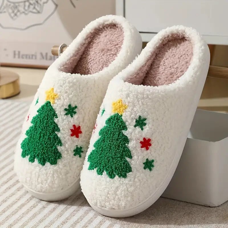Dominique | Chaussons Femme Moelleux Motif de Noël Semelle Antidérapante - Sapin