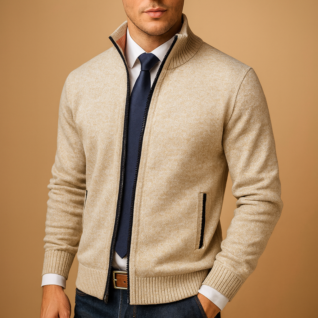 Dorian | Gilet Zippé Homme en Maille Chinée à Col Montant - Beige