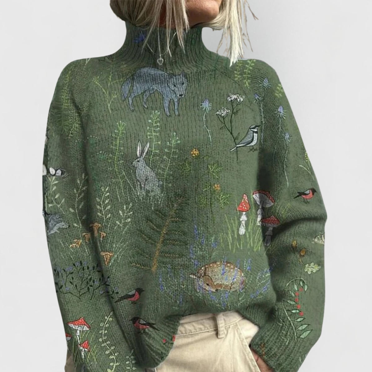 Doriane | Pull Col Montant Femme en Maille Imprimée Coupe Décontractée - Vert – Forêt
