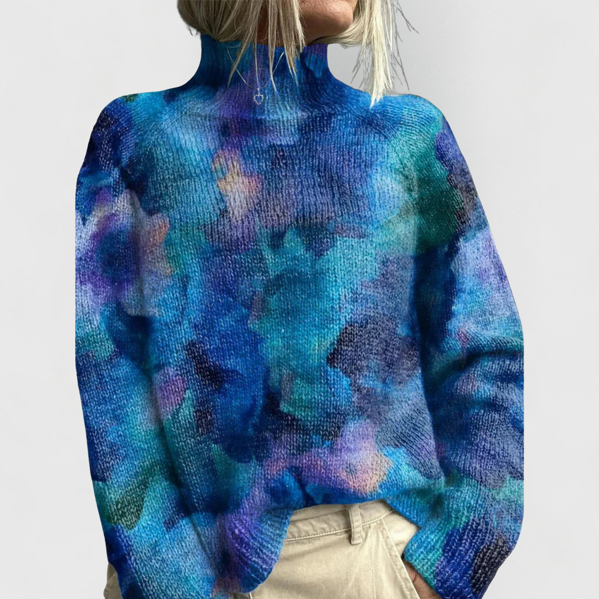 Doriane | Pull Col Montant Femme en Maille Imprimée Coupe Décontractée - Bleu – Aquarelle