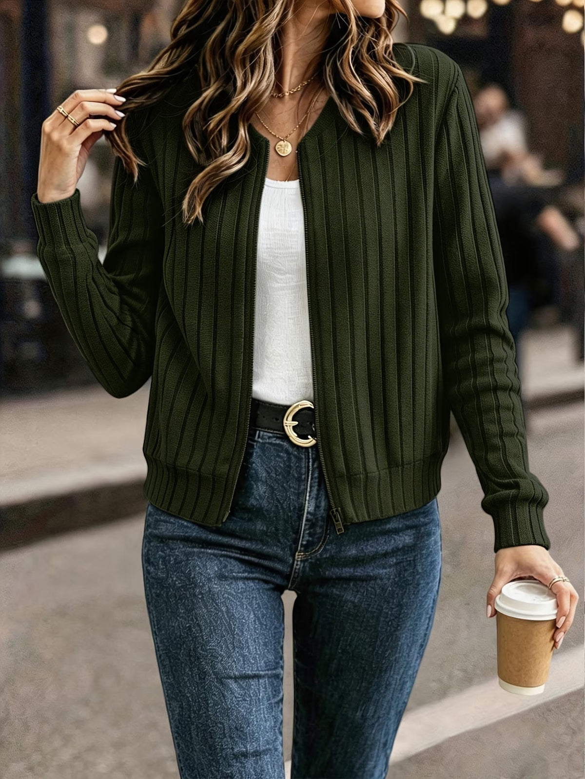 Gilet femme côtelé zippé, maille à manches longues