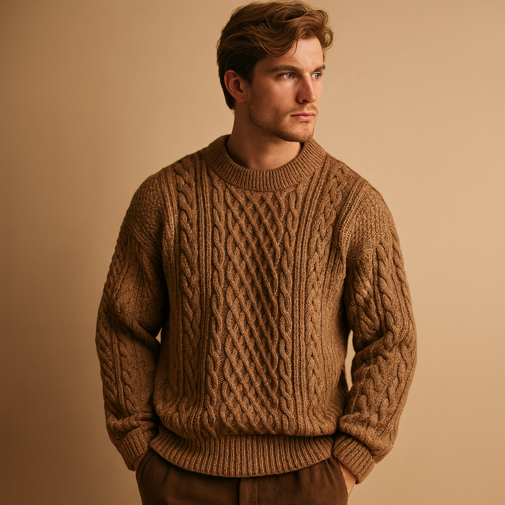 Edgar | Pull Torsadé Homme en Grosse Maille à Col Rond - Marron