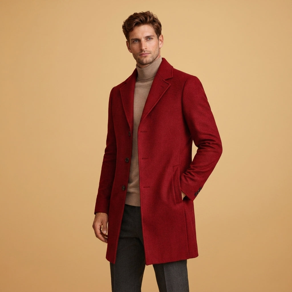 Édouard | Manteau Long Homme Toucher Laine, Coupe Tailleur Boutonnée - Rouge