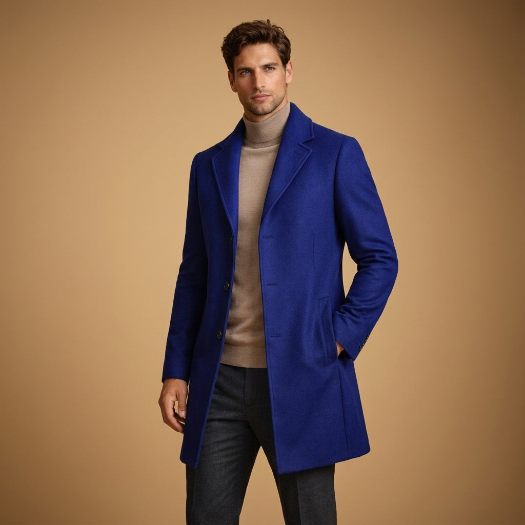 Édouard | Manteau Long Homme Toucher Laine, Coupe Tailleur Boutonnée - Bleu