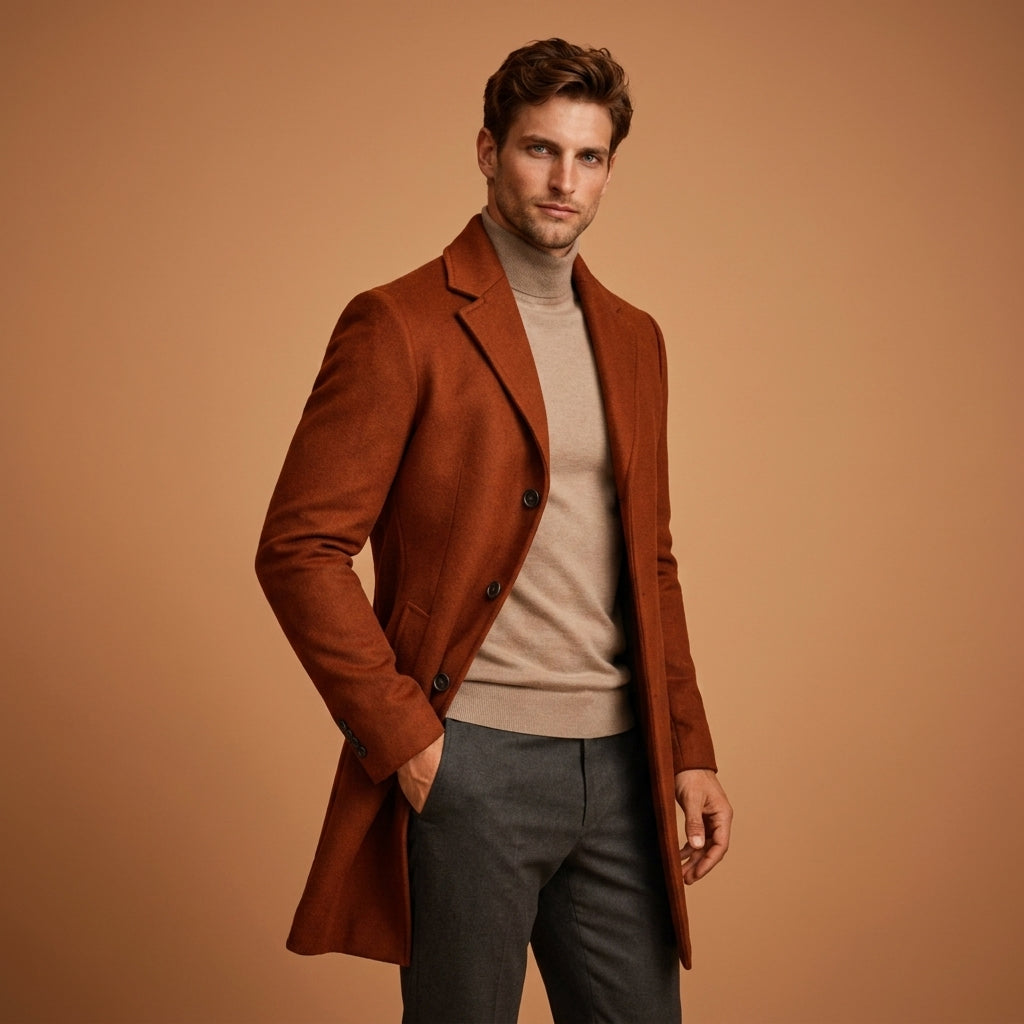 Édouard | Manteau Long Homme Toucher Laine, Coupe Tailleur Boutonnée - Orange