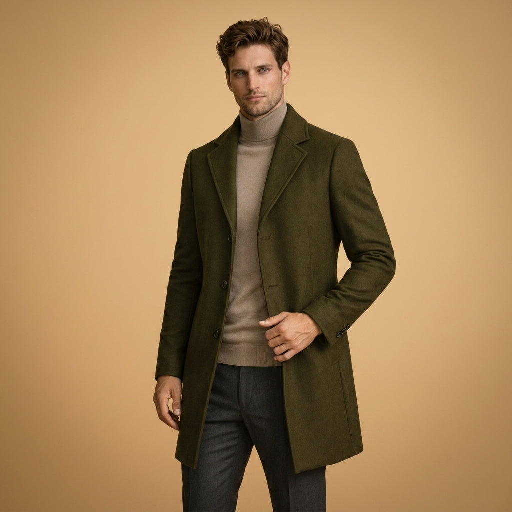 Édouard | Manteau Long Homme Toucher Laine, Coupe Tailleur Boutonnée - Vert olive