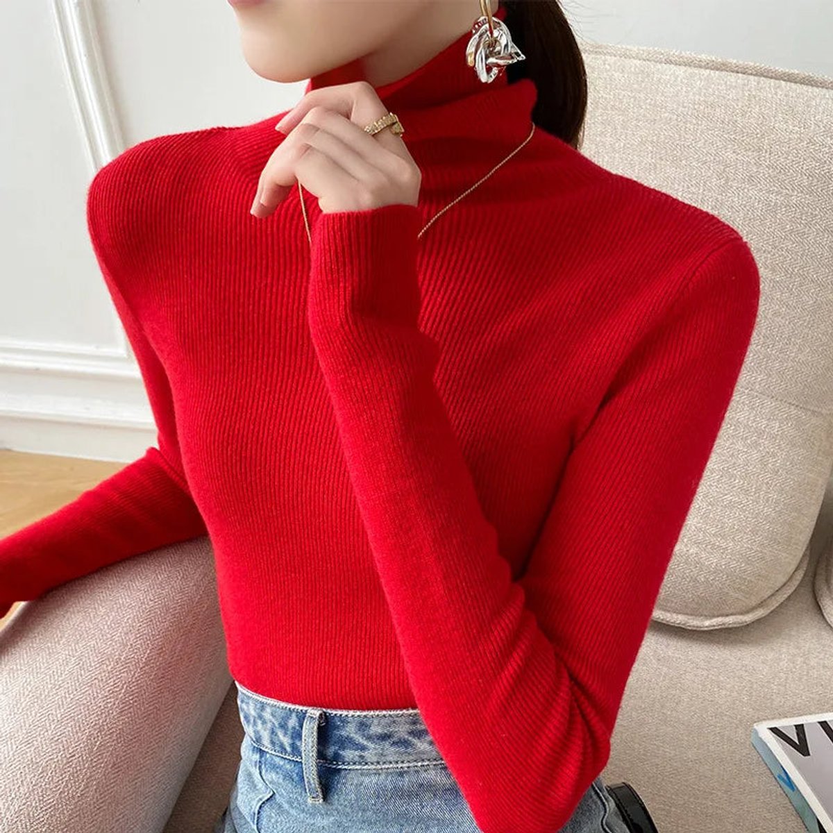 Edwige | Pull Col Roulé Femme Ajusté Toucher Cachemire - Rouge