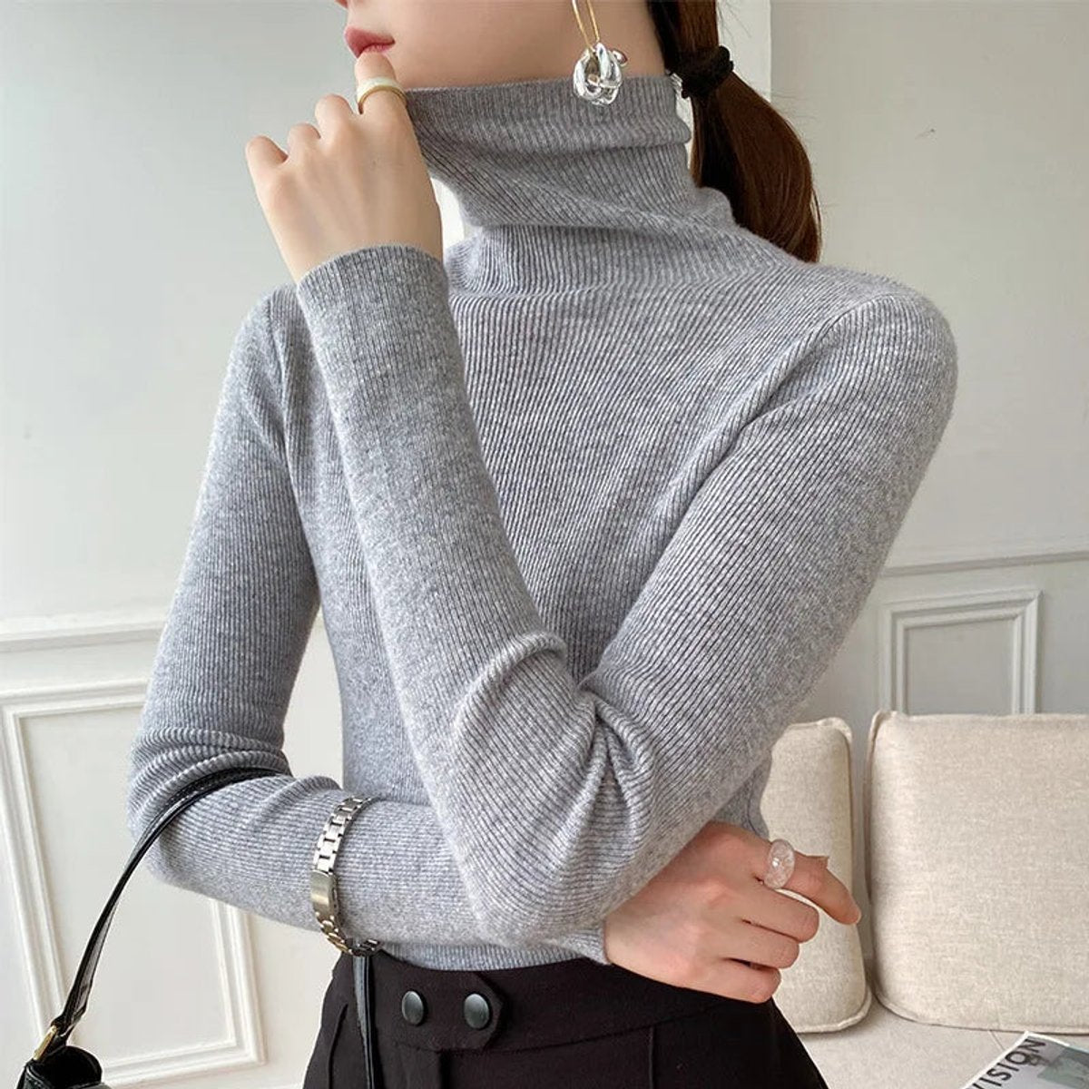 Edwige | Pull Col Roulé Femme Ajusté Toucher Cachemire - Gris
