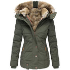 Éliane | Manteau Matelassé Mi-Long Femme à Capuche Fausse Fourrure - Vert
