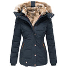 Éliane | Manteau Matelassé Mi-Long Femme à Capuche Fausse Fourrure - Bleu