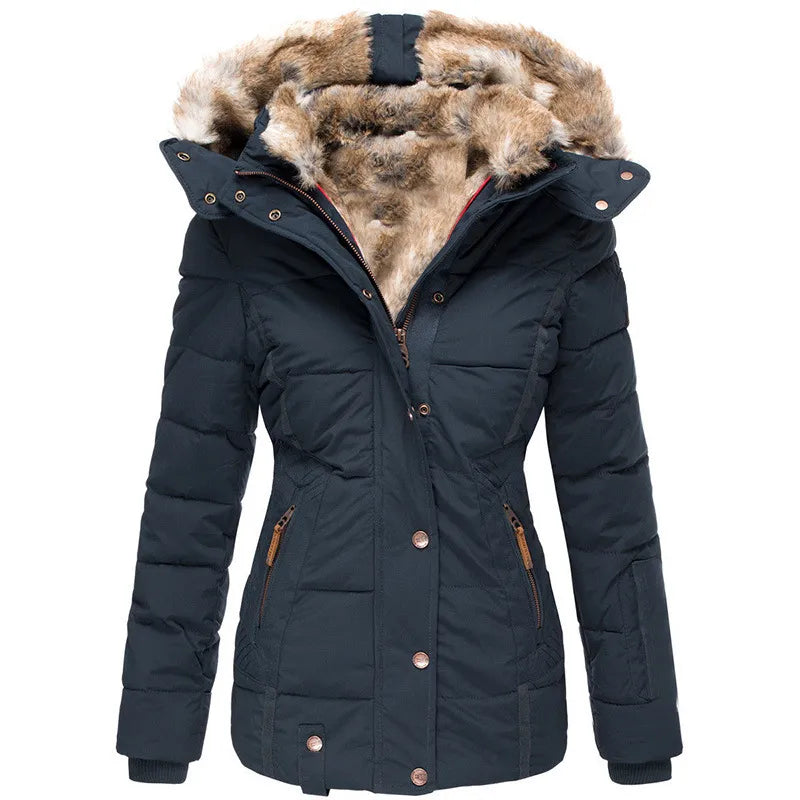 Éliane | Manteau Matelassé Mi-Long Femme à Capuche Fausse Fourrure - Bleu