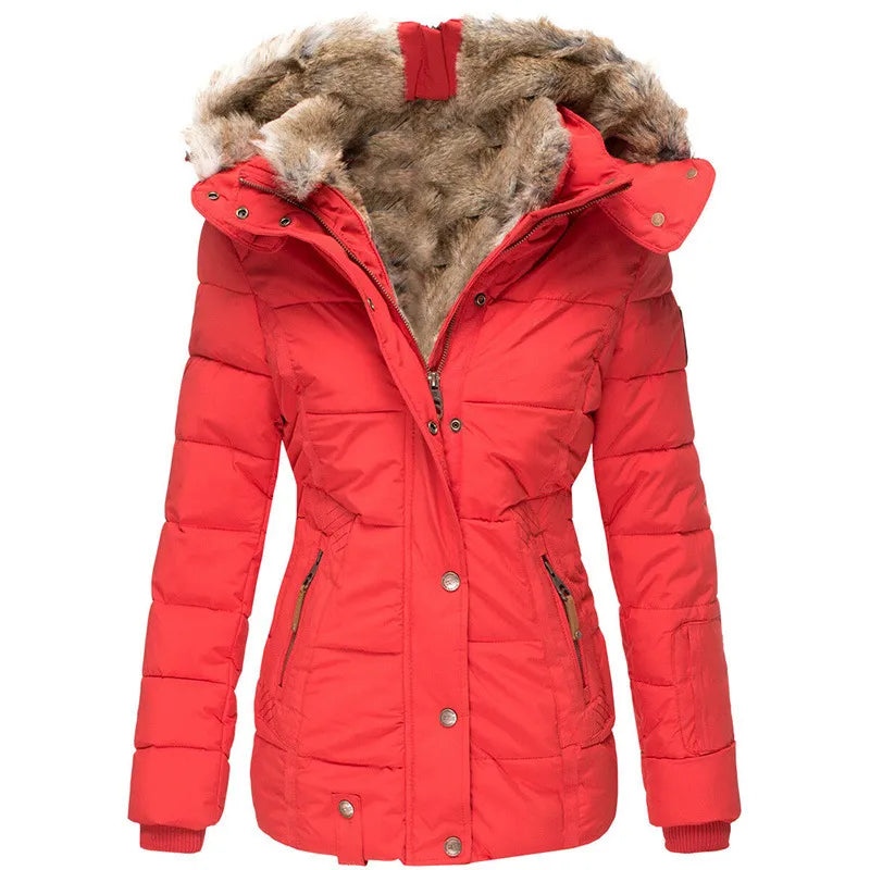 Éliane | Manteau Matelassé Mi-Long Femme à Capuche Fausse Fourrure - Rouge
