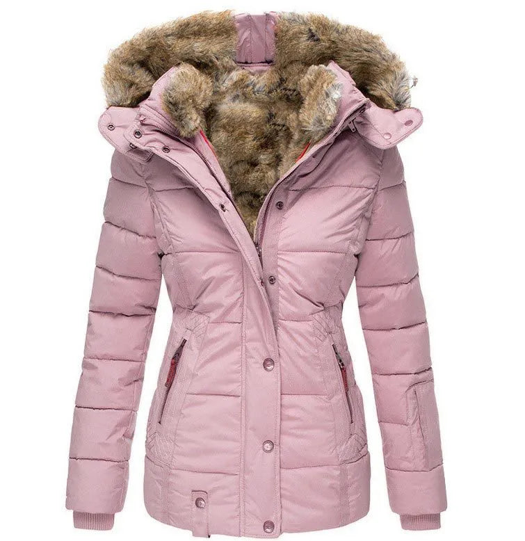 Éliane | Manteau Matelassé Mi-Long Femme à Capuche Fausse Fourrure - Rose