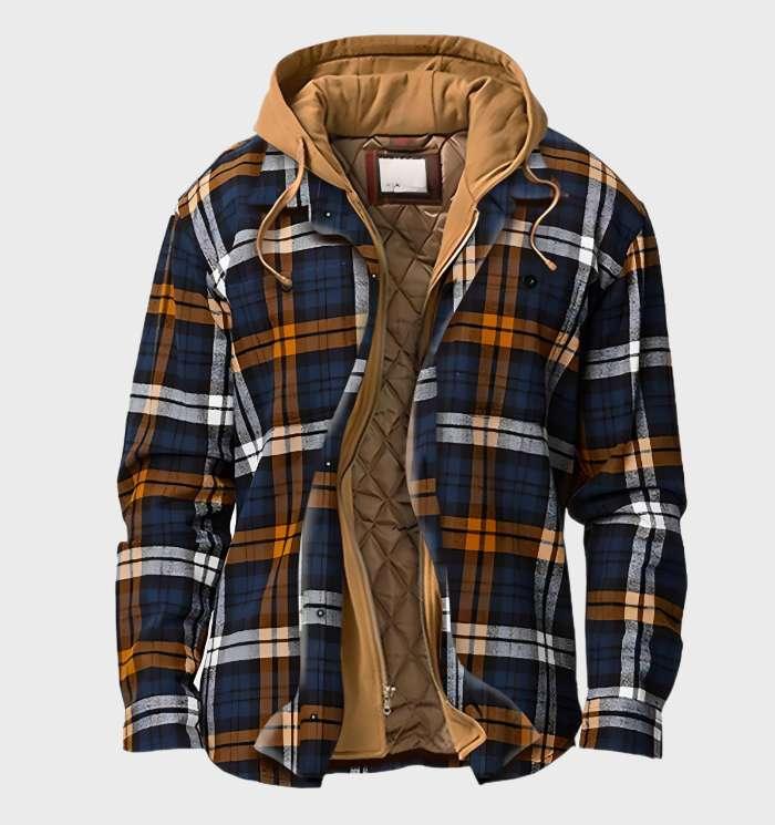 Elie | Veste Homme à Carreaux Doublée Matelassée avec Capuche - Bleu et camel