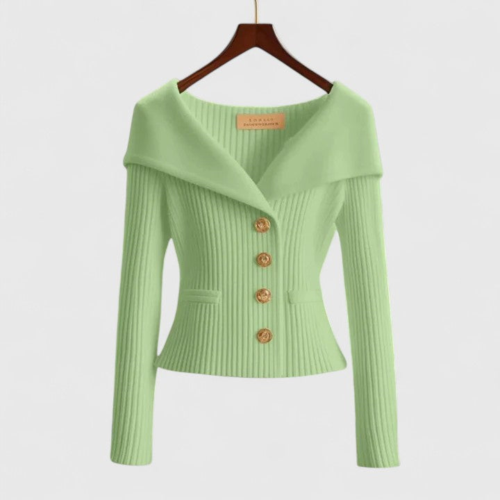 Élodie | Gilet Femme Ajusté en Maille Côtelée à Grand Col et Boutons Dorés - Vert pistache