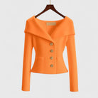 Élodie | Gilet Femme Ajusté en Maille Côtelée à Grand Col et Boutons Dorés - Orange