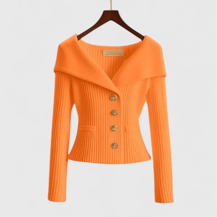 Élodie | Gilet Femme Ajusté en Maille Côtelée à Grand Col et Boutons Dorés - Orange