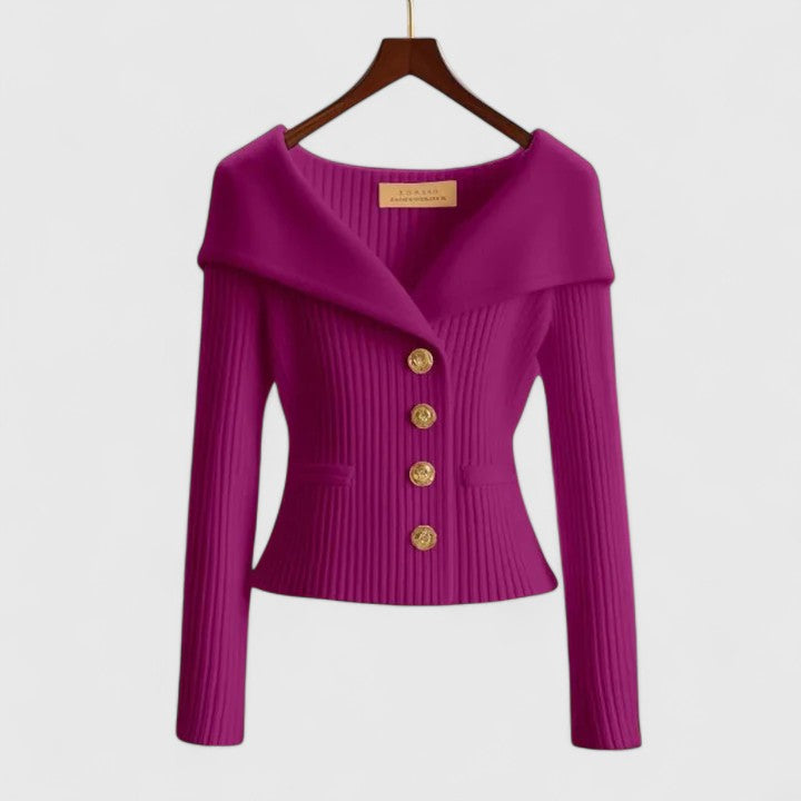 Élodie | Gilet Femme Ajusté en Maille Côtelée à Grand Col et Boutons Dorés - Violet