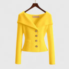 Élodie | Gilet Femme Ajusté en Maille Côtelée à Grand Col et Boutons Dorés - Jaune