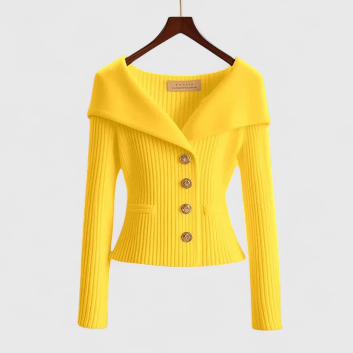 Élodie | Gilet Femme Ajusté en Maille Côtelée à Grand Col et Boutons Dorés - Jaune