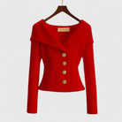 Élodie | Gilet Femme Ajusté en Maille Côtelée à Grand Col et Boutons Dorés - Rouge