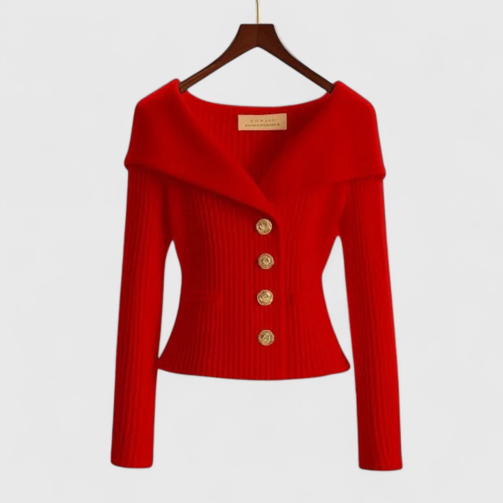 Élodie | Gilet Femme Ajusté en Maille Côtelée à Grand Col et Boutons Dorés - Rouge