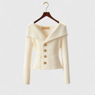 Élodie | Gilet Femme Ajusté en Maille Côtelée à Grand Col et Boutons Dorés - Blanc