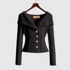 Élodie | Gilet Femme Ajusté en Maille Côtelée à Grand Col et Boutons Dorés - Noir