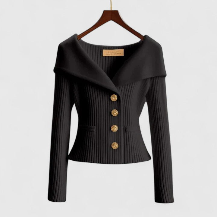 Élodie | Gilet Femme Ajusté en Maille Côtelée à Grand Col et Boutons Dorés - Noir