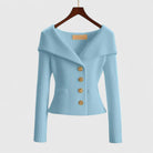 Élodie | Gilet Femme Ajusté en Maille Côtelée à Grand Col et Boutons Dorés - Bleu ciel