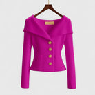 Élodie | Gilet Femme Ajusté en Maille Côtelée à Grand Col et Boutons Dorés - Fuchsia