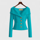 Élodie | Gilet Femme Ajusté en Maille Côtelée à Grand Col et Boutons Dorés - Bleu paon
