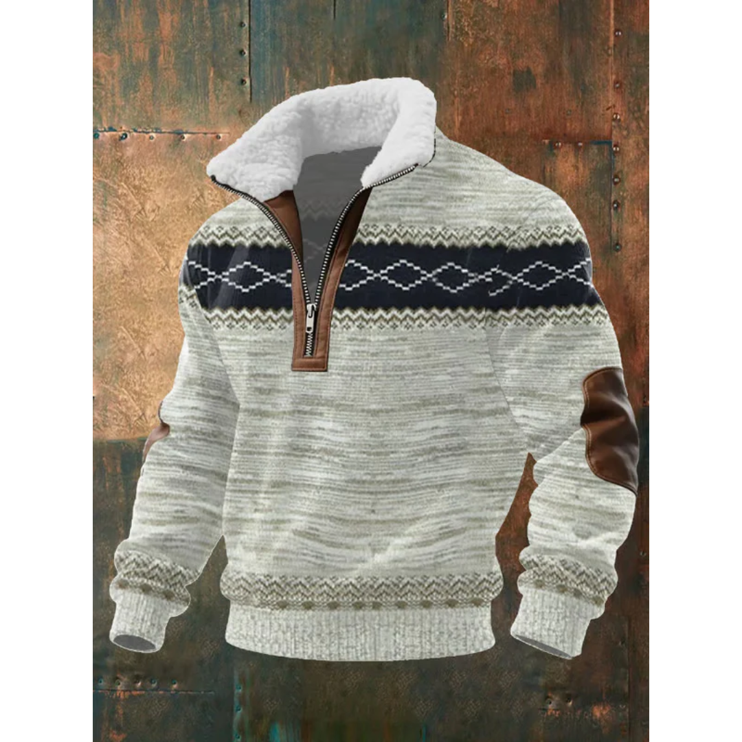 Éloi | Pull Homme Demi-Zip à Col Sherpa et Motif Effet Tricot - Gris chiné et noir