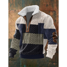 Éloi | Pull Homme Demi-Zip à Col Sherpa et Motif Effet Tricot - Patchwork noir et bleu