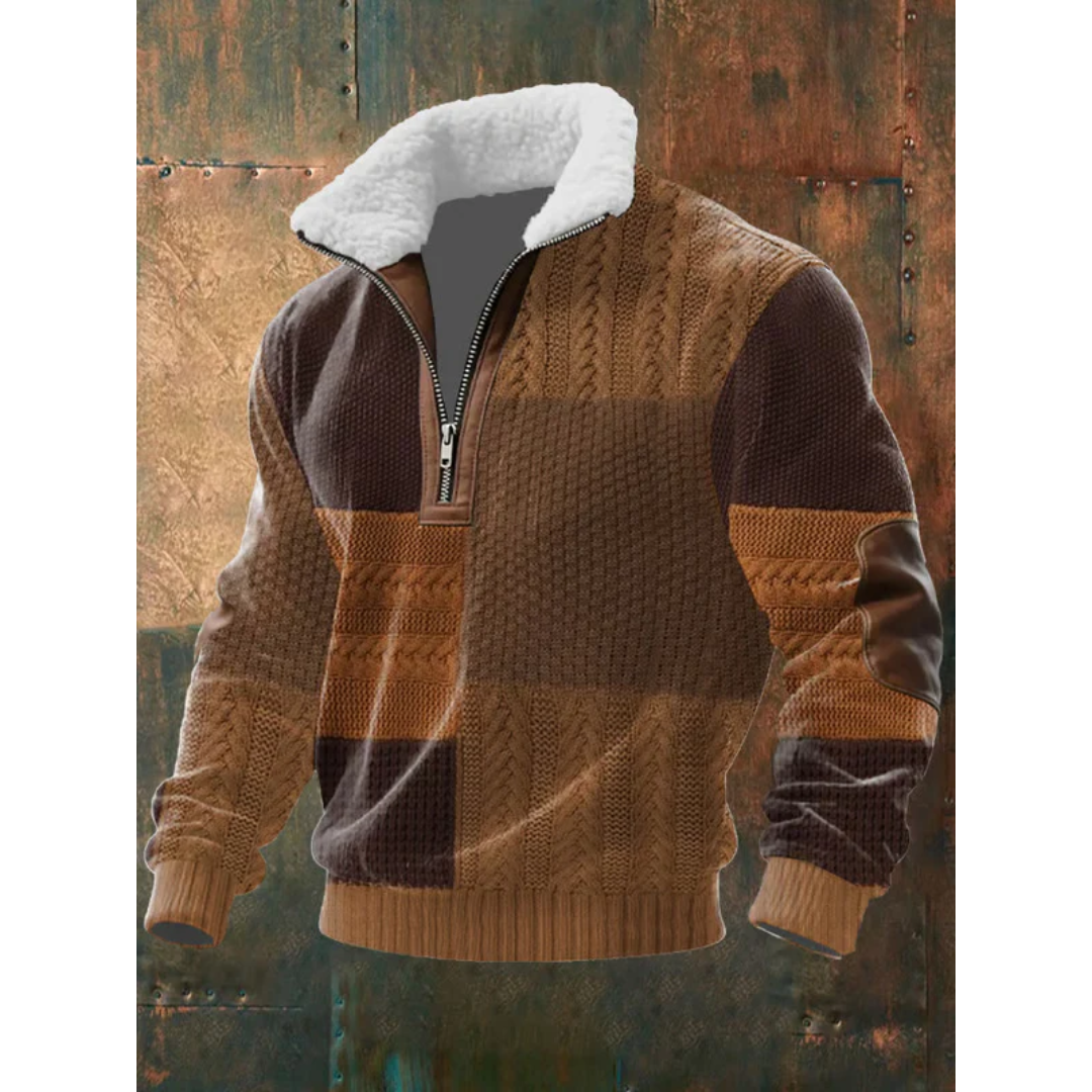 Éloi | Pull Homme Demi-Zip à Col Sherpa et Motif Effet Tricot - Patchwork brun foncé