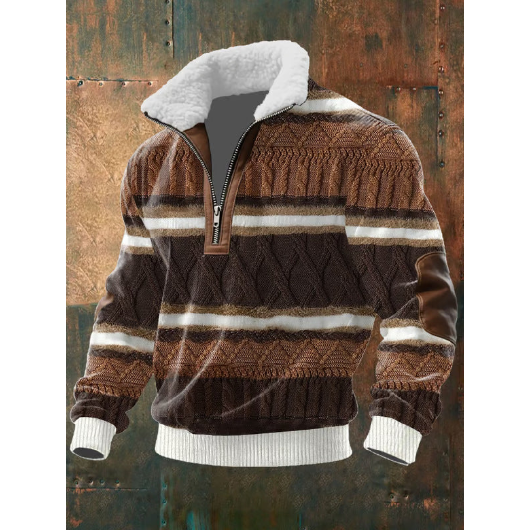 Éloi | Pull Homme Demi-Zip à Col Sherpa et Motif Effet Tricot - Rayé brun et blanc