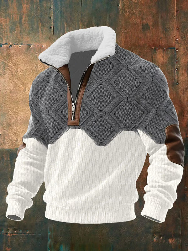 Éloi | Pull Homme Demi-Zip à Col Sherpa et Motif Effet Tricot - Gris et blanc