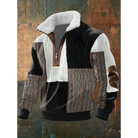 Éloi | Pull Homme Demi-Zip à Col Sherpa et Motif Effet Tricot - Patchwork noir et gris