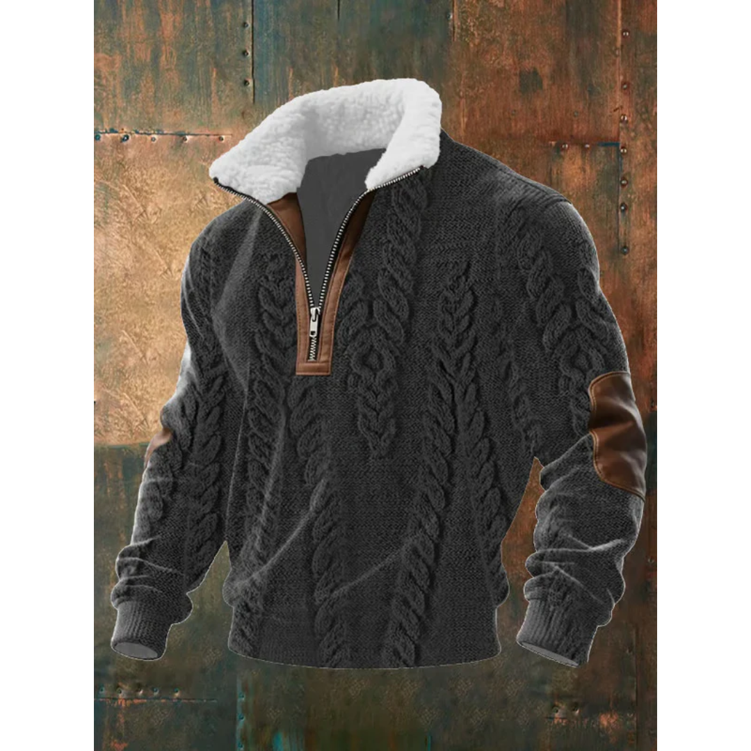 Éloi | Pull Homme Demi-Zip à Col Sherpa et Motif Effet Tricot - Noir