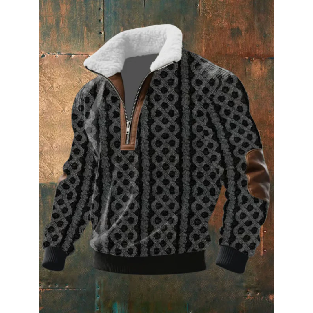 Éloi | Pull Homme Demi-Zip à Col Sherpa et Motif Effet Tricot - Noir et brun