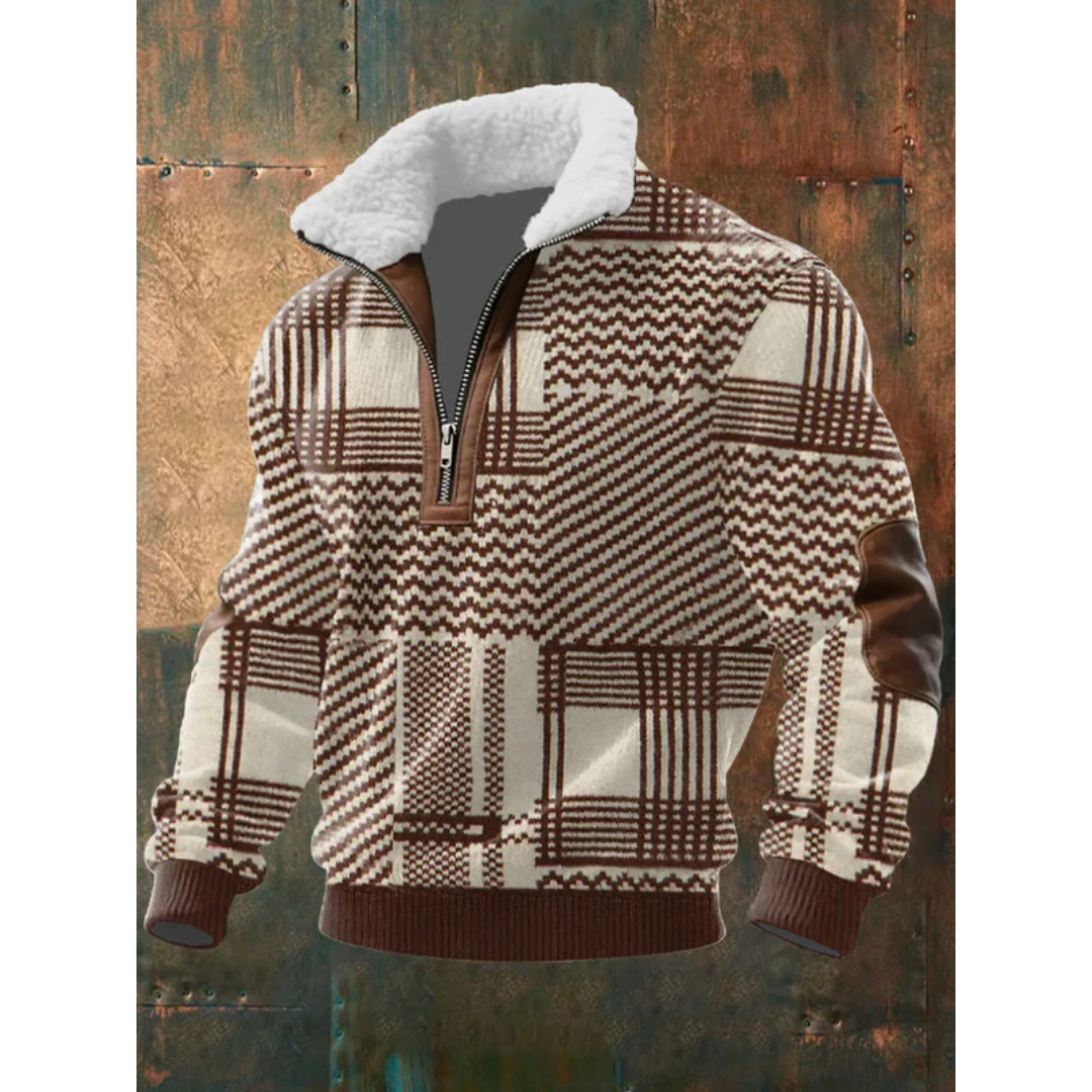 Éloi | Pull Homme Demi-Zip à Col Sherpa et Motif Effet Tricot - Brun à carreaux