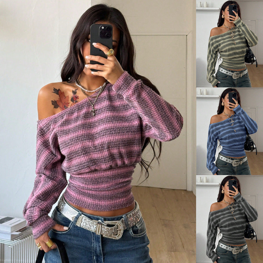Elsa | Top Rayé Femme en Maille Fine à Encolure Bateau et Manches Longues - vue 1