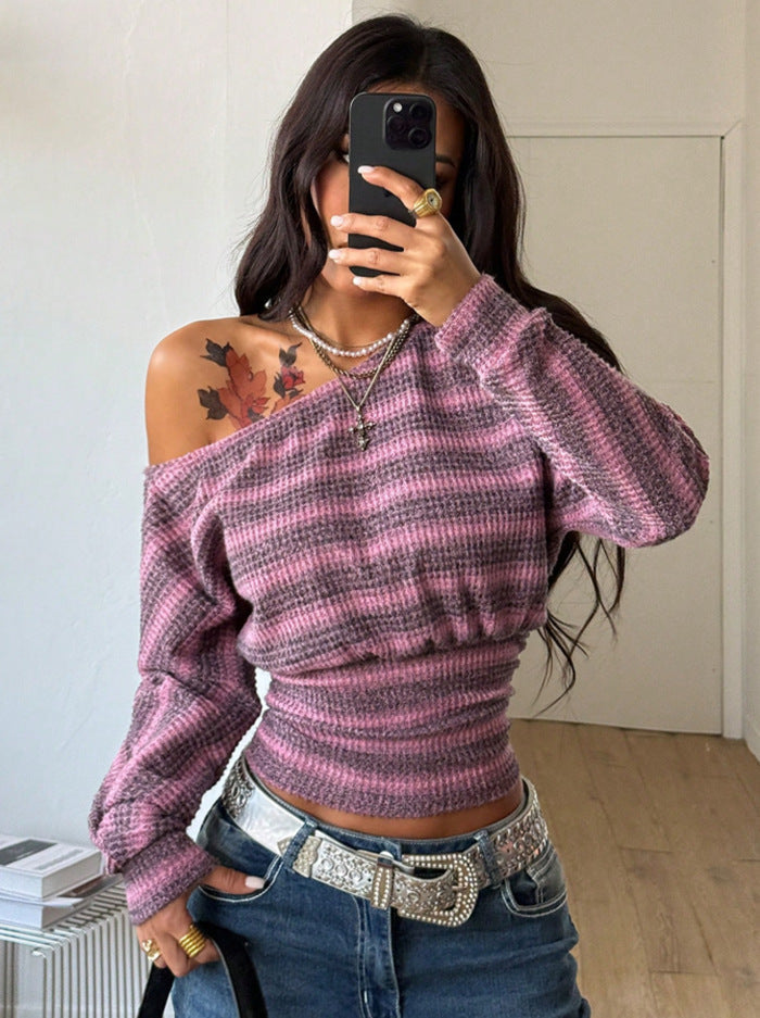 Elsa | Top Rayé Femme en Maille Fine à Encolure Bateau et Manches Longues - Rose mauve