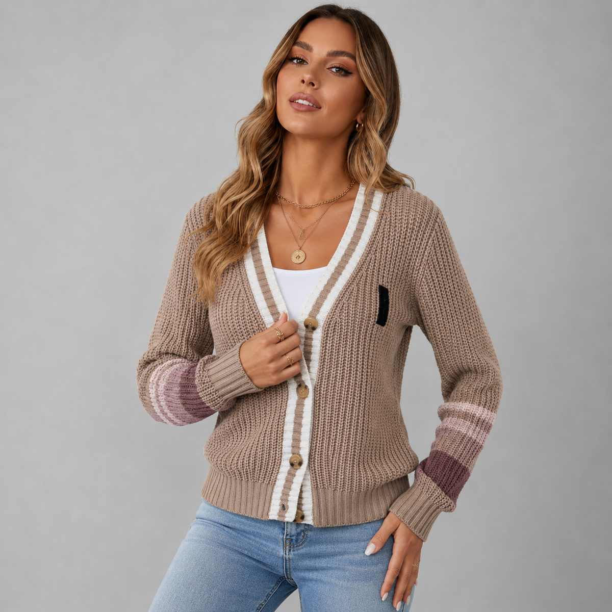 Ernestine | Gilet Femme en Grosse Maille à Boutons et Poignets Rayés - vue 3