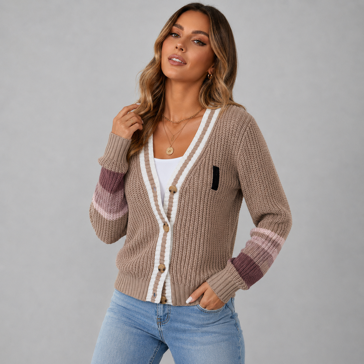 Ernestine | Gilet Femme en Grosse Maille à Boutons et Poignets Rayés - Beige