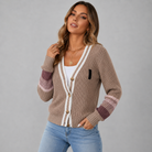 Ernestine | Gilet Femme en Grosse Maille à Boutons et Poignets Rayés - Beige