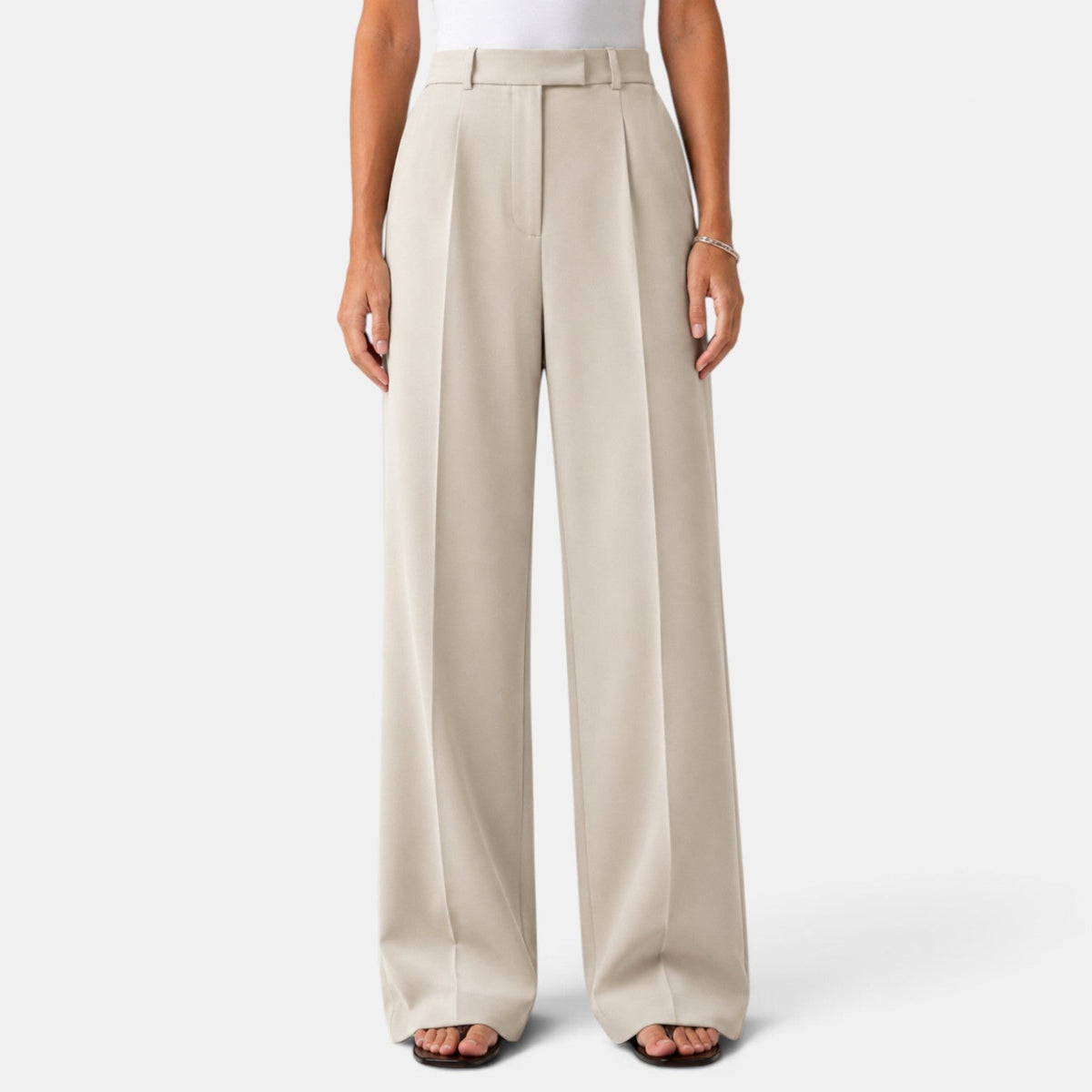 Estelle | Pantalon Habillé Femme Taille Haute à Jambe Large et Pinces - Beige