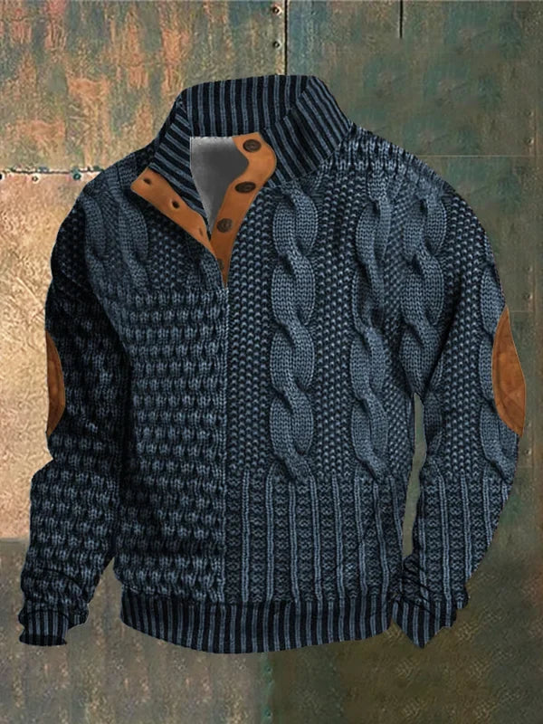 Eudes | Pull Homme Col Montant Boutonné à Motif Torsadé - Bleu