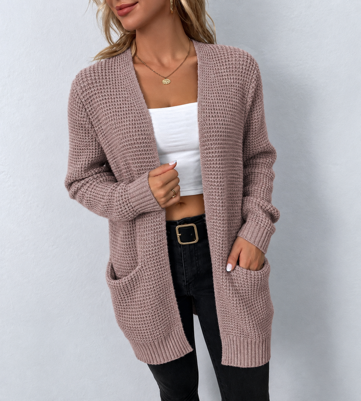 Eugénie | Gilet Long Ouvert Femme en Maille Gaufrée à Poignets Côtelés - Rose clair